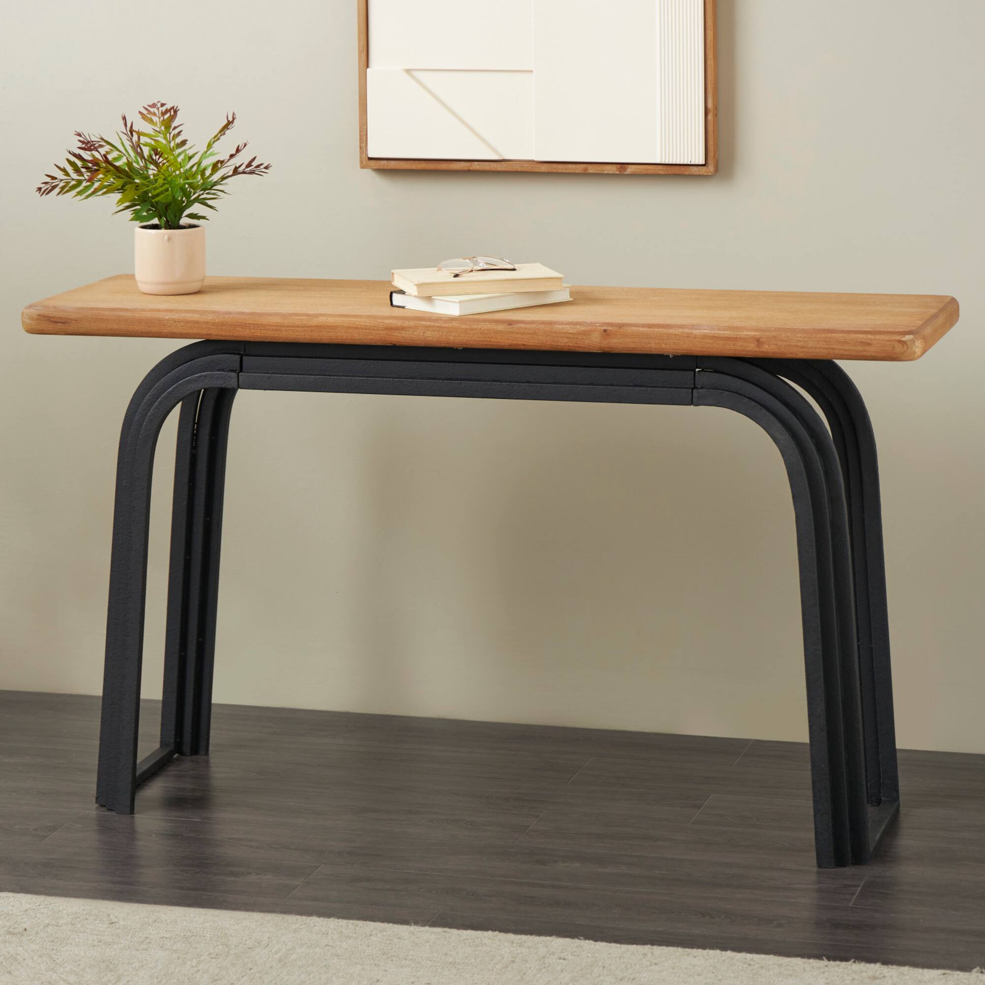 55" Black Metal Layered Arch Living Room Console Table with Brown Tabletop